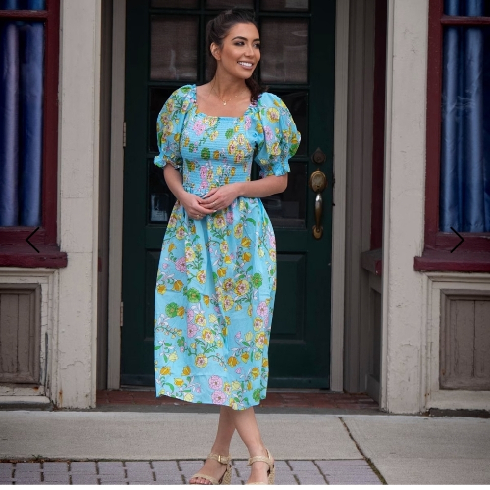 Garden Party Blue Smocked Midi Dress NWT Small Jessie Zhao